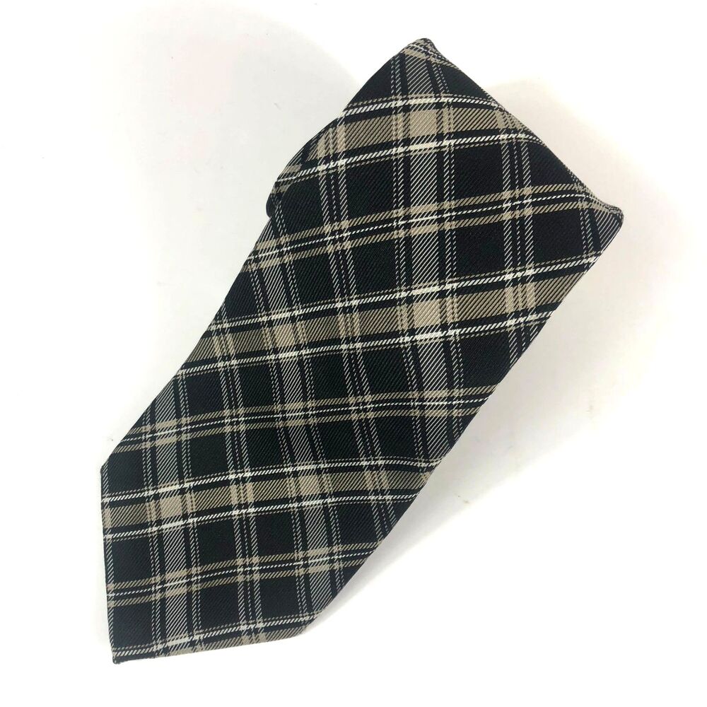 CHAPS Ralph Lauren Plaid Tie Black Tan Khaki White 100% Silk Diagonal Handmade